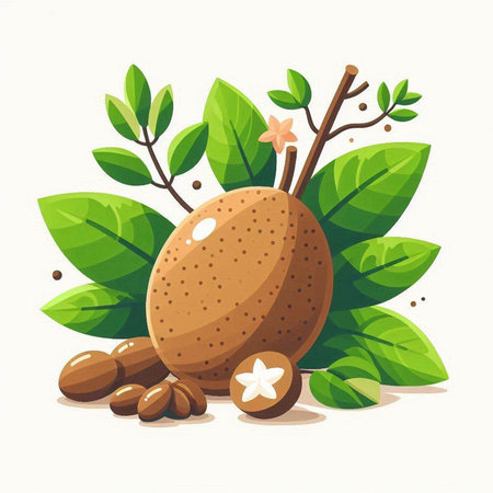 Cartoon vector illustration of whole and half ripe sapodilla fruit with green leaves.のイラスト素材
