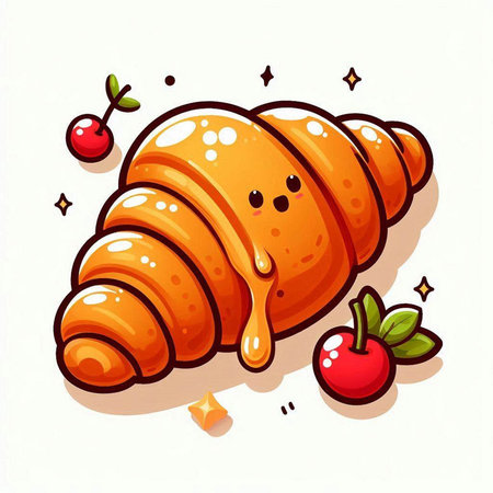 Cute cartoon croissant with jam and cherry. Vector illustration.のイラスト素材
