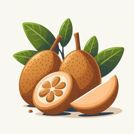 Whole and half ripe sapodilla with leaves. Vector illustration.のイラスト素材
