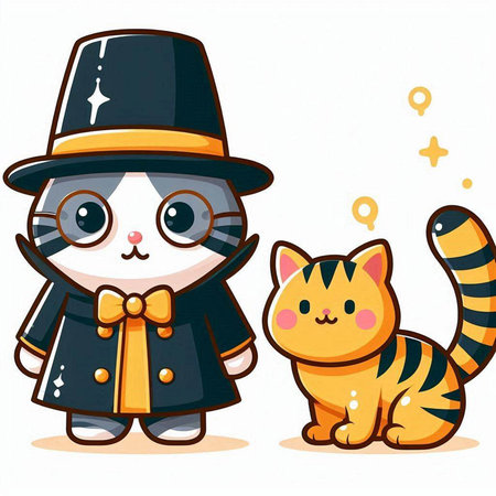 Kawaii cat and dog in magician costume. Vector illustration.のイラスト素材