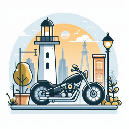 Motorcycle and lighthouse on the background of the city. Vector illustrationのイラスト素材