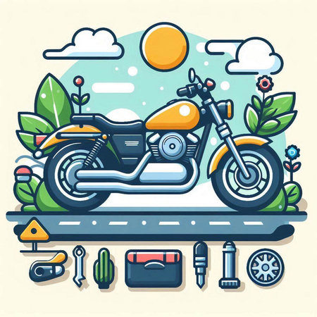 Motorcycle on the road. Vector illustration in flat design style.のイラスト素材