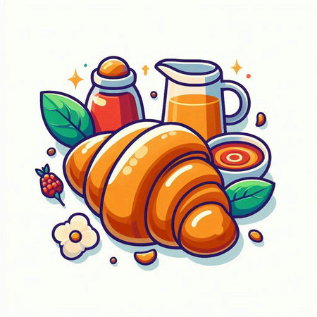 Croissant and juice. Vector illustration in cartoon style on white background.のイラスト素材