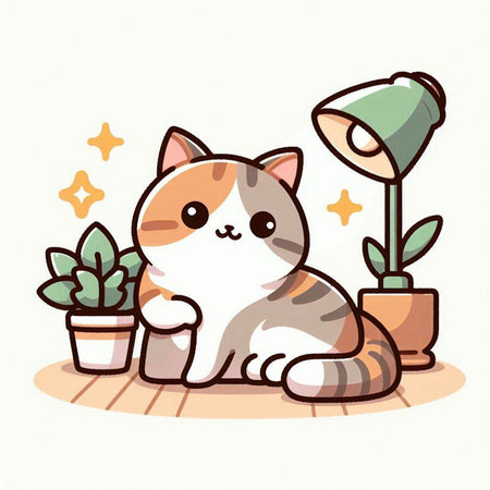 Cute cat sitting on the floor with a lamp and houseplants. Vector illustration.のイラスト素材