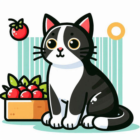 Cute black and white cat with a basket of strawberries on a white backgroundのイラスト素材