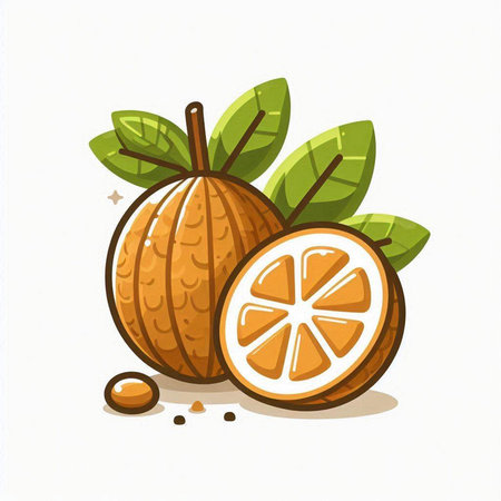 Illustration of a whole and half orange with leaves on white backgroundのイラスト素材