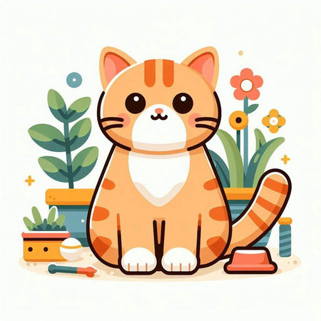 Cute cartoon cat sitting in the flower garden. Vector illustration.のイラスト素材