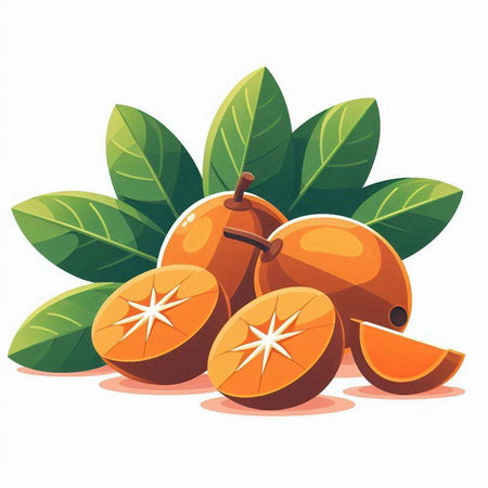 Fresh orange fruit with leaves isolated on white background. Vector illustration.のイラスト素材
