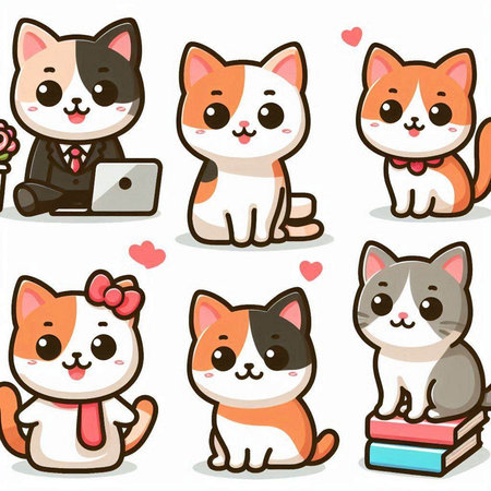 Set of cute cat cartoon character in different poses. Vector illustration.のイラスト素材