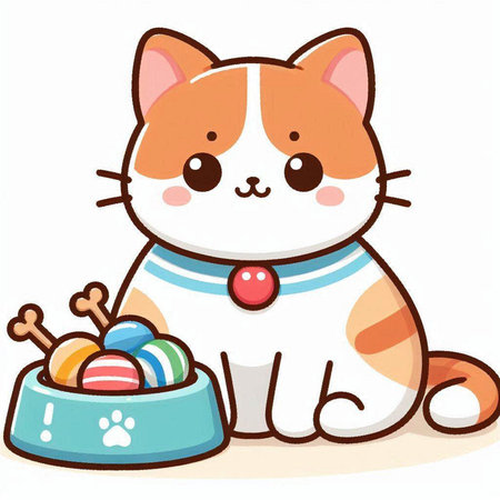 Illustration of a Cute Cat Sitting Next to a Bowl of Candiesのイラスト素材