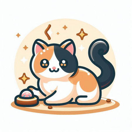 Cute cartoon cat sitting on the floor with a bowl of food. Vector illustration.のイラスト素材