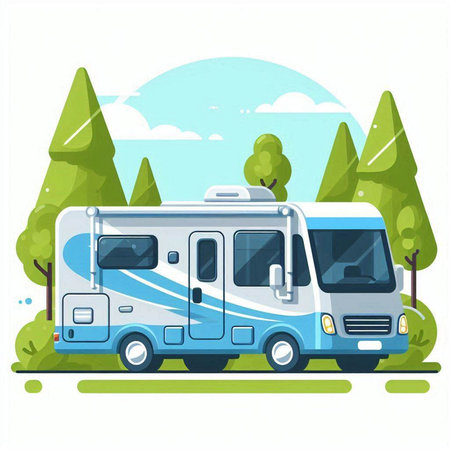 Camper in the forest. Vector illustration of a camper.のイラスト素材