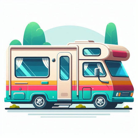 Camper car on the road. Vector illustration in flat style.のイラスト素材