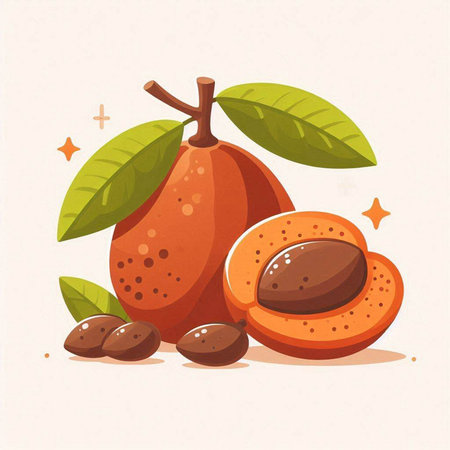Vector illustration of fresh apricot fruits with leaves and seeds.のイラスト素材