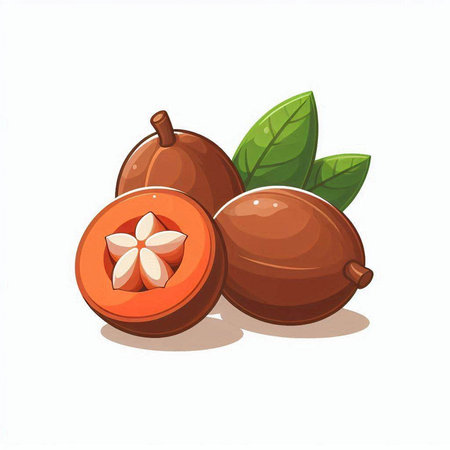 Sapodilla fruit with green leaves on white background. Vector illustration.のイラスト素材