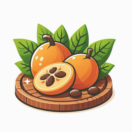Vector illustration of whole and half loquat fruit with green leavesのイラスト素材