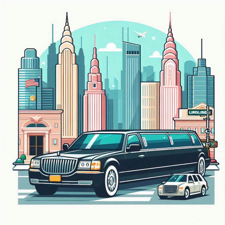 Illustration of a limousine in front of the city.のイラスト素材