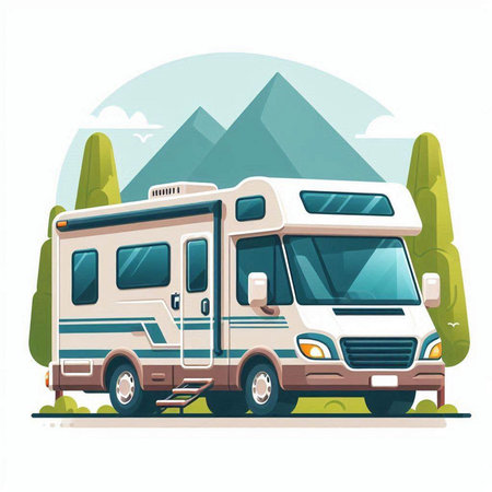 Caravan in the mountains. Vector illustration in flat cartoon style.のイラスト素材