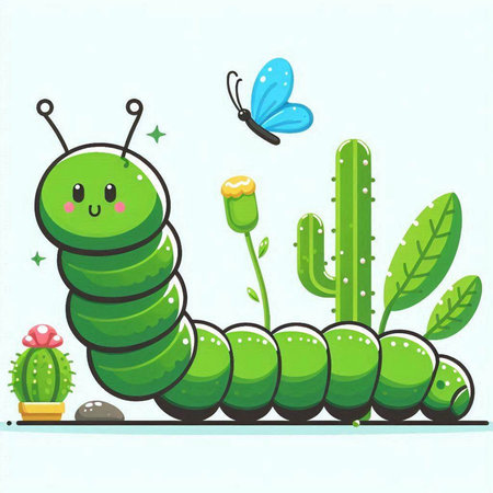 Cute cartoon caterpillar on a green background. Vector illustration.のイラスト素材