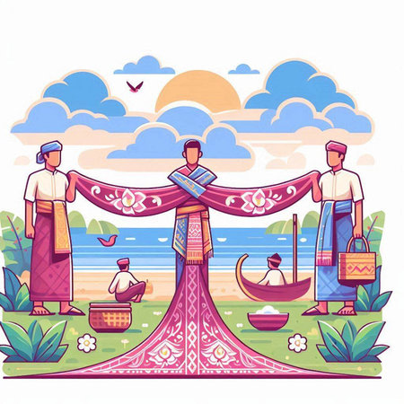 Thai people in traditional clothes on the beach. Vector illustration.のイラスト素材
