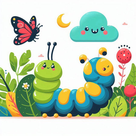 Cute cartoon caterpillar and butterfly in the garden. Vector illustration.のイラスト素材
