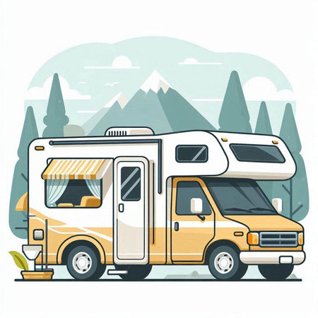 Caravan camping in the mountains. Vector illustration in flat style.のイラスト素材
