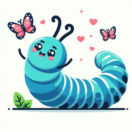 Cute cartoon caterpillar with hearts and butterflies. Vector illustration.のイラスト素材