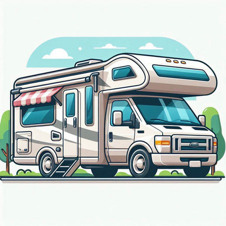 Camper trailer. Vector illustration of a motor home on the road.のイラスト素材