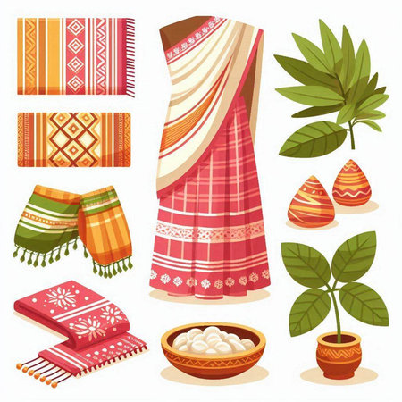 Set of traditional indian scarves and scarves. Vector illustrationのイラスト素材