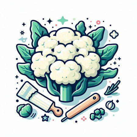 Cauliflower vector illustration. Cauliflower and kitchen utensils.のイラスト素材
