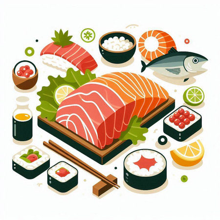 Sushi isometric icons set with salmon fish and vegetables isolated vector illustrationのイラスト素材