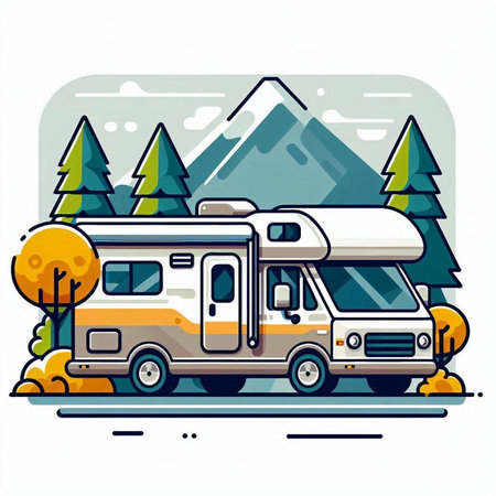 Vector illustration of a camping trailer in the forest. Campervan on the road.のイラスト素材