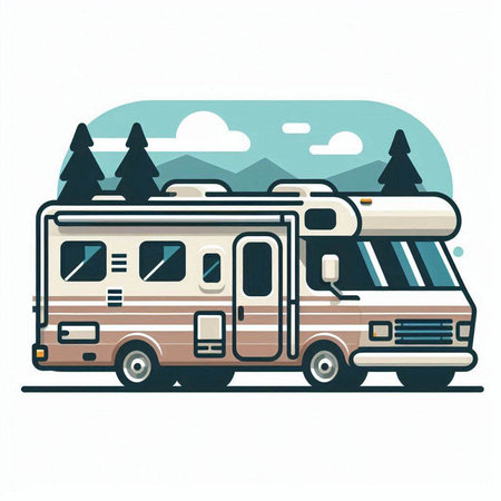 Camping trailer in the mountains. Vector illustration in flat style.のイラスト素材