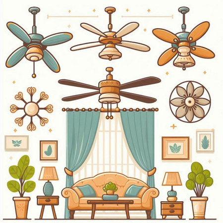 Ceiling fan, sofa, coffee table, lamp, plant, flowerpot and other furniture elementsのイラスト素材