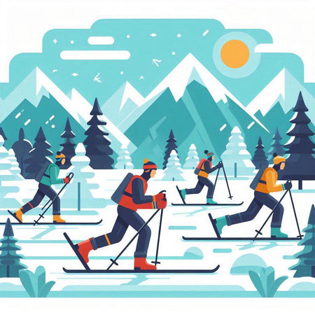 People skiing in mountains flat vector illustration. Cartoon men and woman cross-country skiing on snow. Winter sport activity.のイラスト素材