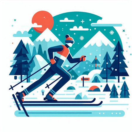 Skiing in the winter forest. Flat style vector illustration.のイラスト素材