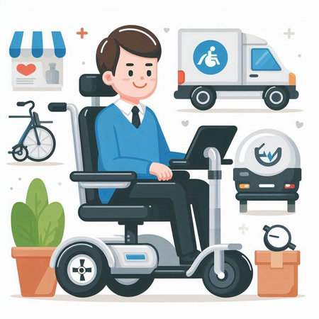 Disabled man in wheelchair and delivery truck. Flat style vector illustration.のイラスト素材