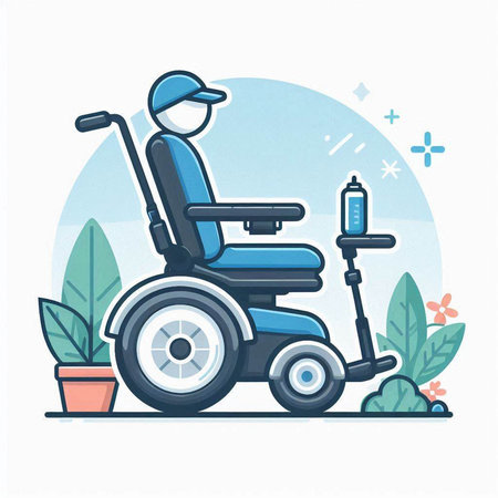Disabled man in wheelchair. Wheelchair in flat style. Vector illustration.のイラスト素材