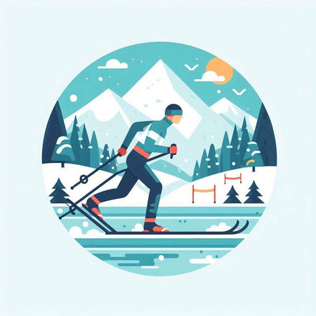 Ski resort flat vector illustration. Skiing in the mountains.のイラスト素材