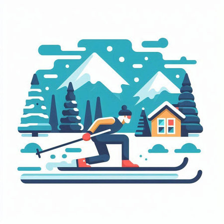 Skiing in the mountains. Flat style vector illustration on white background.のイラスト素材