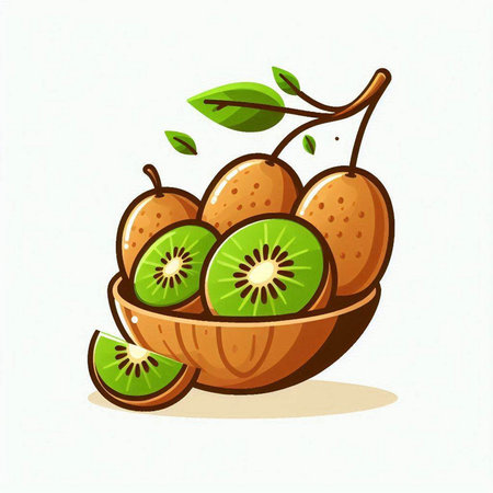 Kiwi fruit in a bowl isolated on white background. Vector illustration.のイラスト素材