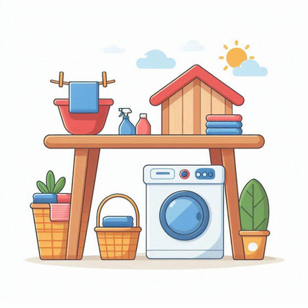 Laundry room with washing machine. Vector illustration in cartoon styleのイラスト素材