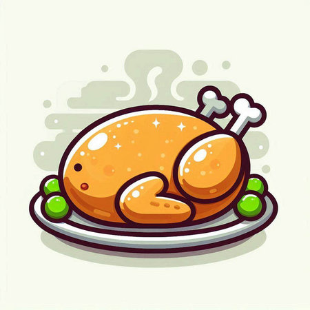 Illustration of a roasted turkey on a plate with green peas.のイラスト素材
