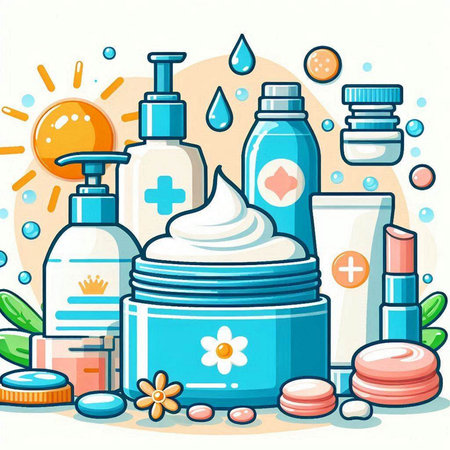 Cosmetics and care products. Vector illustration of a set of cosmetic products.のイラスト素材