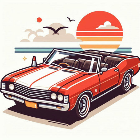 Retro car on the background of the sea. Vector illustration.のイラスト素材
