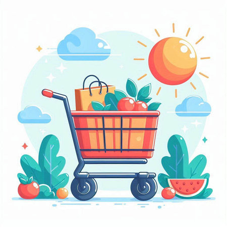 Shopping cart with fruits and vegetables. Vector illustration in flat styleのイラスト素材