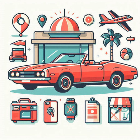 Retro car and travel icon set. Vector illustration in flat styleのイラスト素材