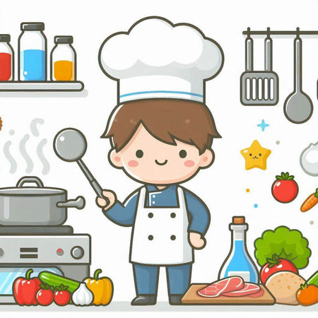 Illustration of a Kid Boy Cooking in the Kitchen with Ingredients Aroundのイラスト素材