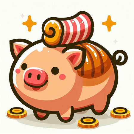 Illustration of a Cute Pig with Scarf and Golden Coinsのイラスト素材