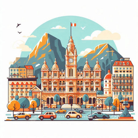 Town Hall building on the background of mountains. Vector illustration in flat style.のイラスト素材
